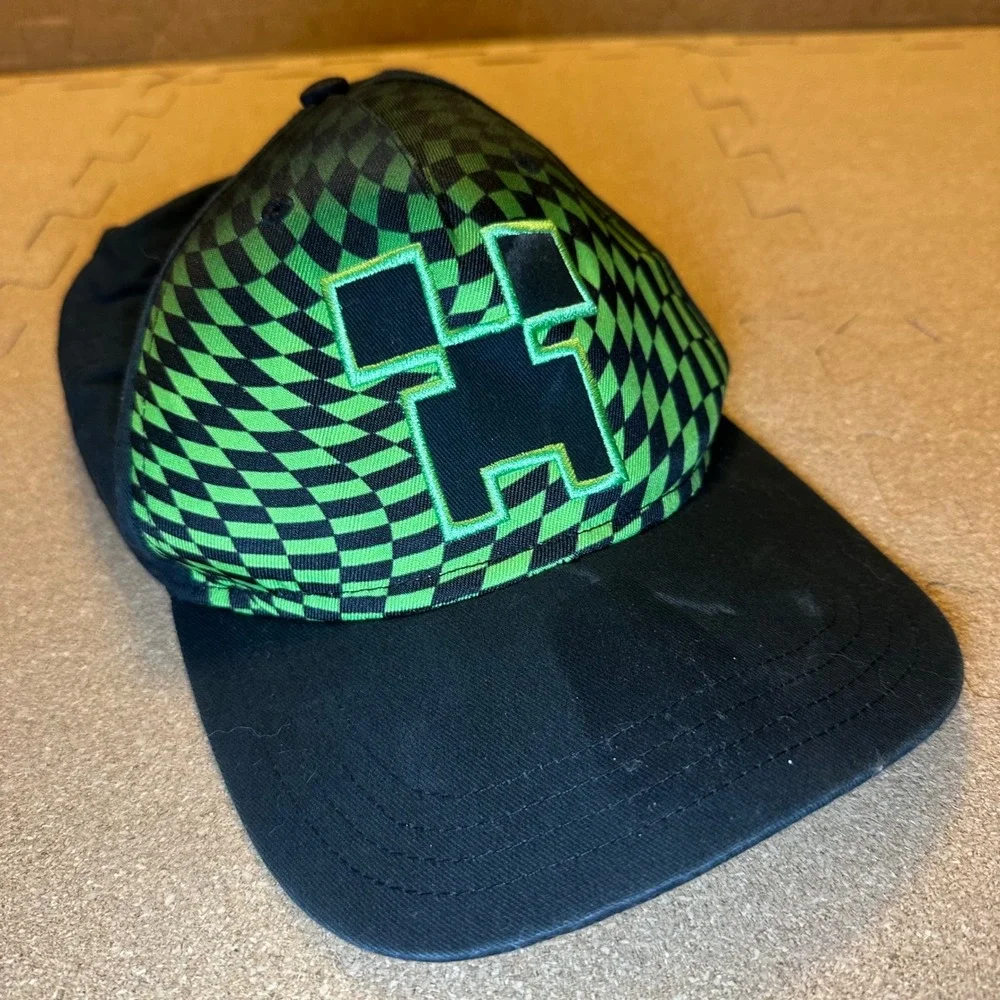 Minecraft Creeper Hat Youth OSFM Black Green Checkered Snapback Baseball Cap